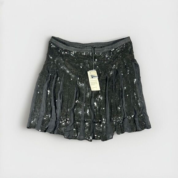 Stenay VTG Sequin Pleated Skirt Large Black 100% Silk Mini 80 Old Money Glam NWT - Picture 1 of 11